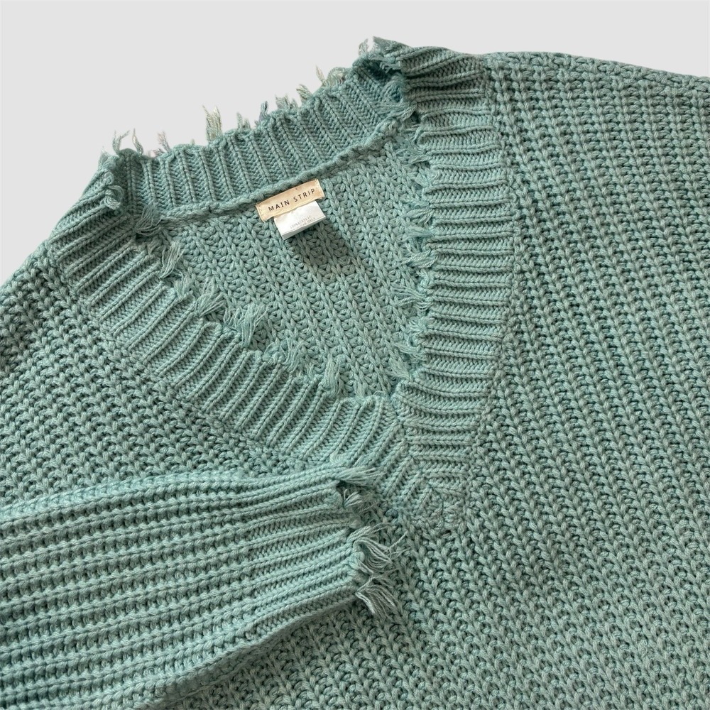Main Strip Women's Small V Neck Chunky Rib Knit Sweater Fringe Distressed Hem